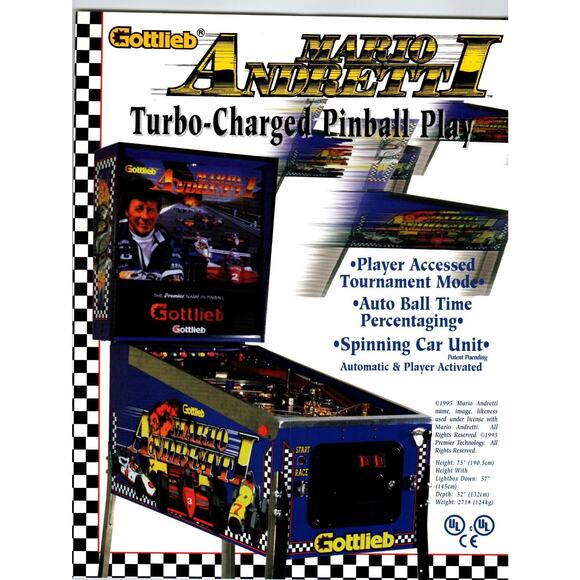 Mario Andretti Pinball Flyer Original Auto Sports Car Racing Artwork 1995 - Picture 1 of 2